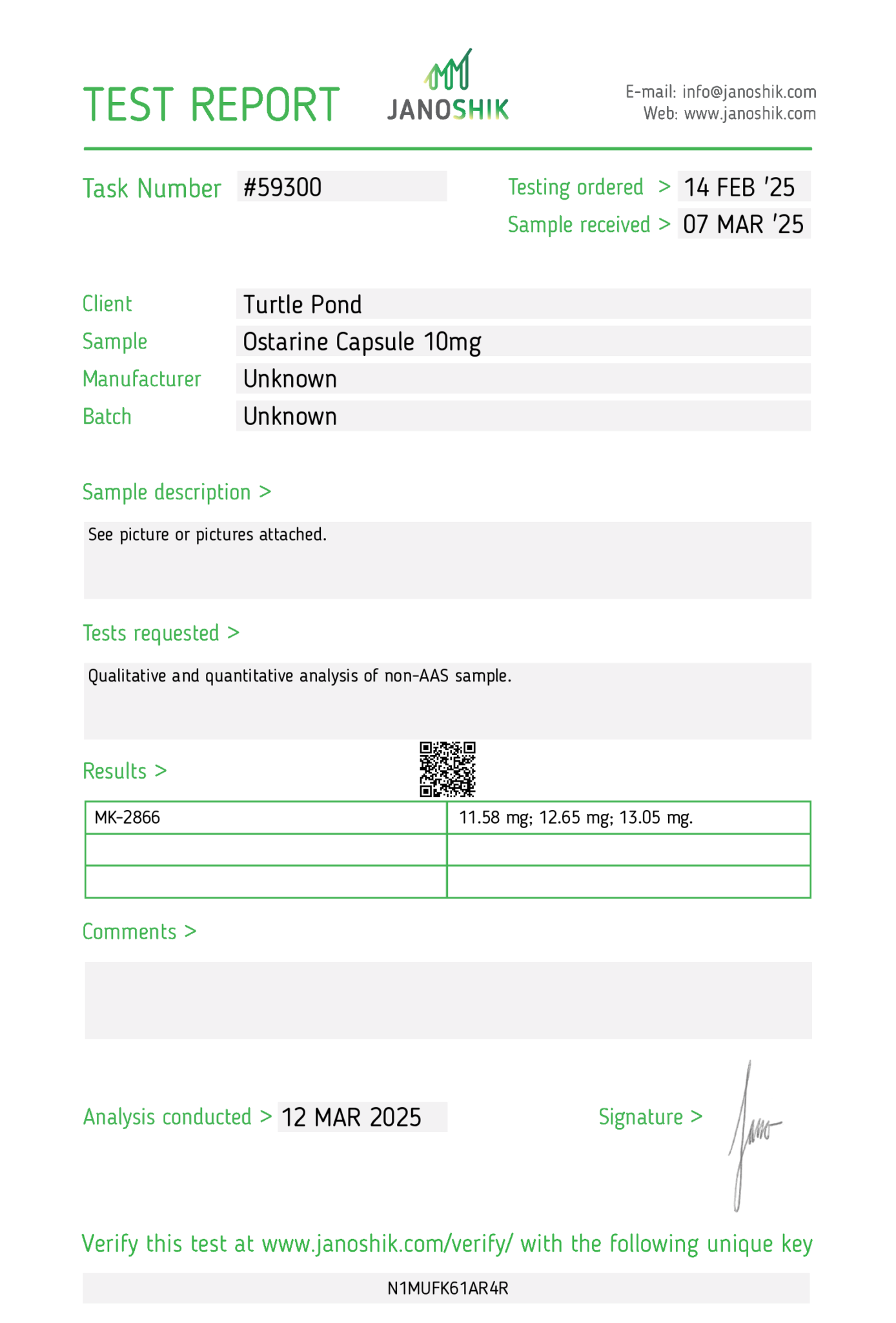 Test Report #59300 Ostarine Capsules (90ct) 10mg